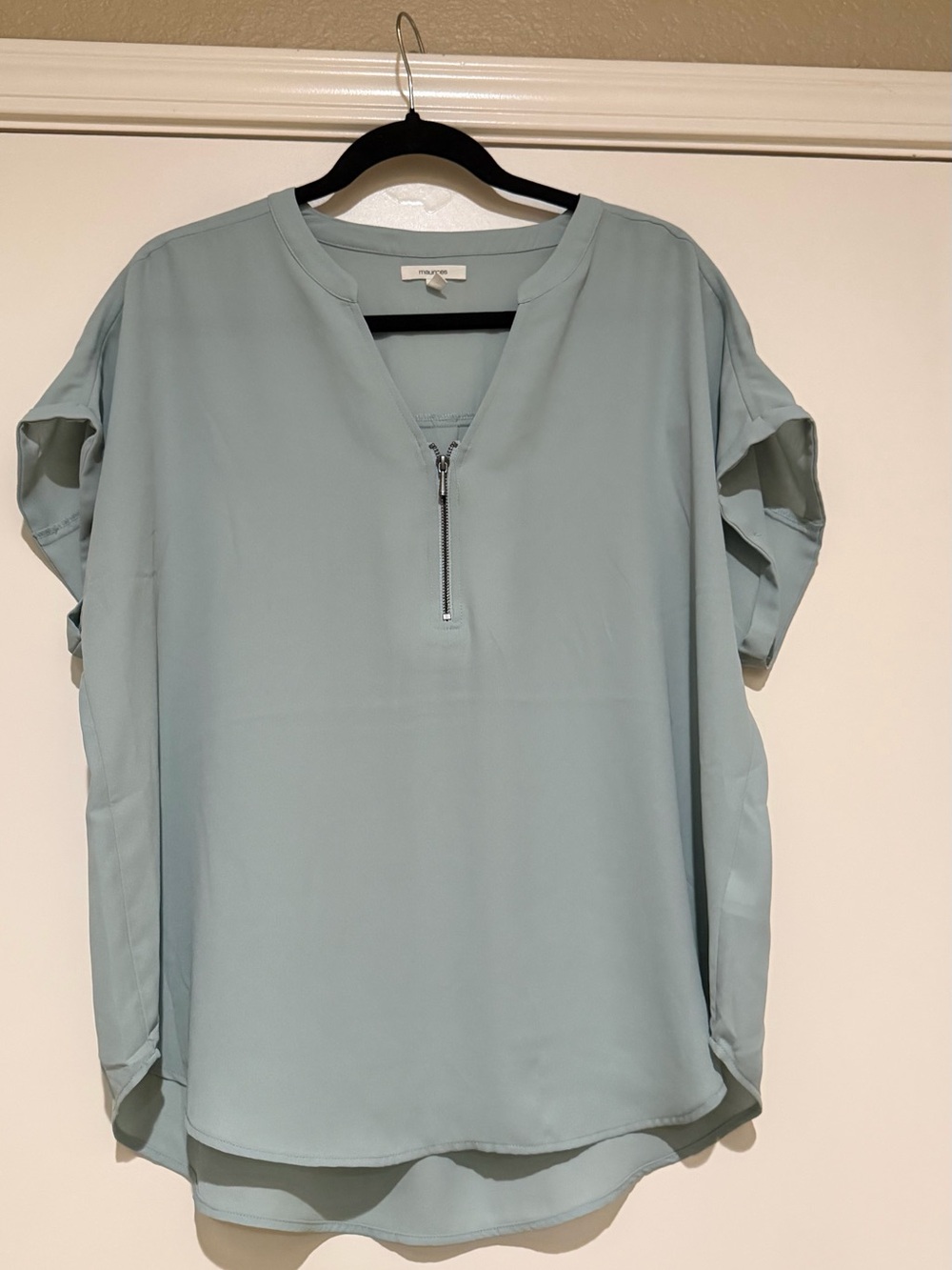 Maurices Sage Green/Blue Zip-Front Short Sleeve Blouse